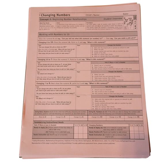 Changing Numbers Book 2 Kathy Richardson 45 Student Forms Assessing Math Concept - Picture 13 of 14